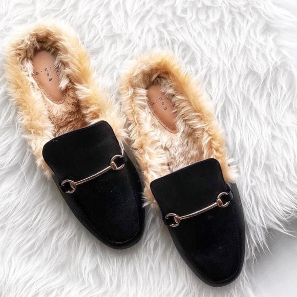 black fur lined mules
